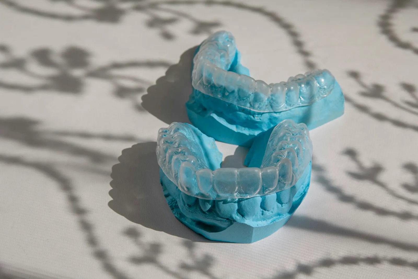 Two clear aligner trays on blue dental models in soft sunlit leaf shadows